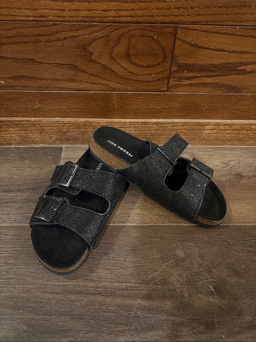 Joe Fresh Black Glitter Double-Buckle Slide Sandals